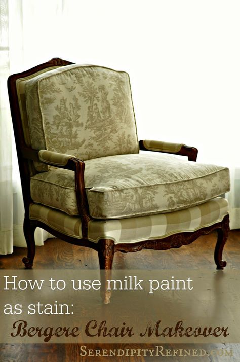 Serendipity Refined Blog: Milk Paint "Stained" French Bergere Style Chair Makeover Bergere Chair Makeover, Reupholstered Chairs, Stained Furniture, Bergere Chairs, Cane Bed, French Sofa, Reupholster Chair, Bergere Chair, Chair Makeover