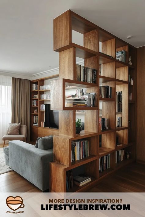 40+ Living Room Partitions Design Ideas (Stunning Inspiration!) Open Shelves As Room Divider, Open Book Case Room Divider, Wooden Dividers Living Rooms, Home Partition Ideas, Living Room Divider Ideas Wall Dividers, Kitchen Living Room Partition, Living Room Partitions, Kitchen Living Room Open Concept, Divided Living Room