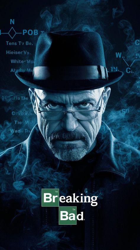 A striking and dramatic TV series poster for "Breaking Bad" featuring the main character, Walter White, also known as Heisenberg, with a determined and menacing expression. He is wearing his iconic black hat and glasses. The background is a dark, smoky blue with a chemical formula and the show's logo in a bold, yellow font. The overall ambiance of the poster is tense and mysterious., poster, photo, cinematic Walter White Quotes, Breaking Bad Wallpapers, Bad Breaking, Breaking Bad Poster, Breaking Bad Art, Bad Cover, Bad Logos, Tv Series Poster, Heart Doctor