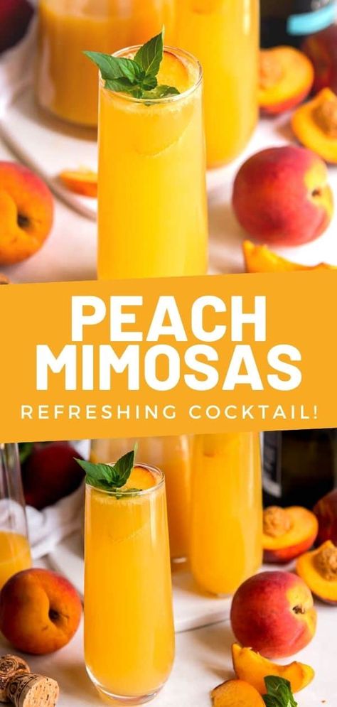 These easy peach mimosas are made with 3 ingredients to create a light and refreshing summer cocktail with fresh peach nectar! Peach Wine Drinks, Drinks With Peach Puree, Easy Peach Cocktails, Peach Mimosa Recipe Champagne, Peach Champagne Drink, Peach Simple Syrup Cocktail, Peach Snapps Cocktails, Fresh Peach Drinks Alcohol, Peach Mixed Drinks Alcohol