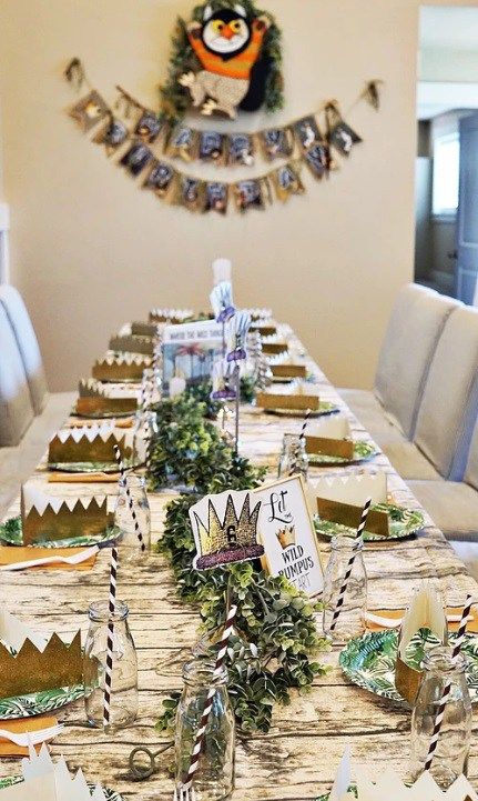 where the wild things are party table setting #babyshowerideas4u #birthdayparty  #babyshowerdecorations  #bridalshower  #bridalshowerideas #babyshowergames #bridalshowergame  #bridalshowerfavors  #bridalshowercakes  #babyshowerfavors  #babyshowercakes Where The Wild Things Are First Birthday Centerpieces, Where The Wild Things Are Food Ideas, Where The Wild Things Are First Birthday Food Ideas, Where The Wild Things Are Table Decor, Where The Wild Things Are Party Games, Wild Things Party, Baby First Birthday Themes, Birthday Party Ideas For Kids, Wild Birthday Party