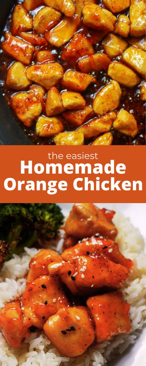 photos of orange chicken in skillet and orange chicken over rice with text "the easiest homemade orange chicken" Orange Chicken Wok Recipe, Orange Chicken Sauce Recipe Easy, Orange Chicken Made With Marmalade, Orange Marmalade Chicken Crockpot, Orange Chicken And Fried Rice Recipe, At Home Orange Chicken, Orange Chicken Tenderloin Recipes, Orange Chicken Recipe Orange Marmalade, Instant Pot Orange Chicken Marmalade