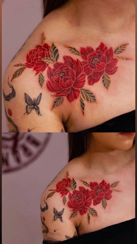 Red Flower Shoulder Tattoo, Red Peonies Tattoo, Red Peony Tattoo, Flower Chest Tattoo Female, Chest Tattoo Cover Up, Red Flower Tattoos, Lovely Tattoo, Flower Shoulder Tattoo, Flower Tat