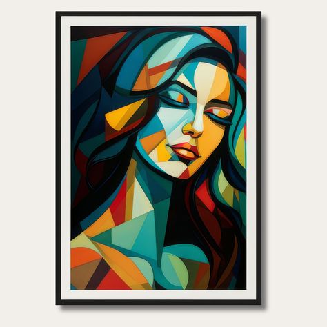 Printable Neo Cubism Art, Beautiful Woman Portrait, Modern Cubist Style, Contemporary Feminine Art,  Abstract Portrait, Digital Jpg Download by mac64prints on Etsy Cubism Art Portraits, Cubism Face, Cubism Face Art, Cubism Self Portrait, Synthetic Cubism, Seashell Projects, Cubism Art, Abstract Face Art, Feminine Art