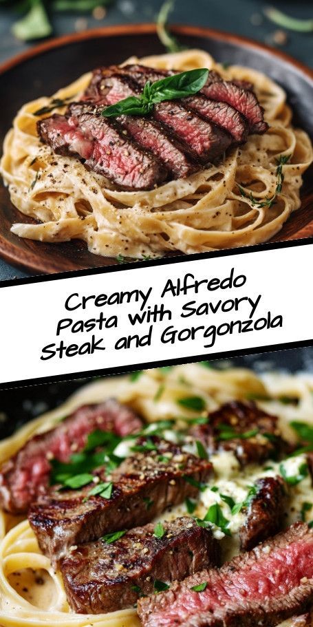 Creamy Alfredo Pasta with Savory Steak and Gorgonzola: A Decadent Dinner Delight Indulge in a luxurious dish with fettuccine pasta, tender steak, and tangy Gorgonzola. Perfect for impressing guests or a cozy night in, this creamy Alfredo recipe combines rich flavors and textures for a truly unforgettable meal. Easy to make in just 40 minutes! ..... Steak And Ravioli Dinners, Quick Cozy Dinner, Steak Fettuccine Alfredo, Creamy Alfredo Pasta, Steak Alfredo, Seasoned Steak, Decadent Dinner, Spicy Steak, Linguine Recipes