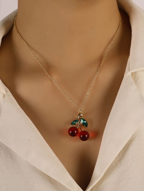 1pc Fashionable And Simple Alloy Cherry Pendant Necklace Red    Zinc Alloy     Women Fashion Jewelry, size features are:Bust: ,Length: ,Sleeve Length: Small Diamond Necklace, Cherry Pendant, Small Gold Necklace, Necklace Tattoo, Necklace Set Indian, Diamond Necklace Set, Red Necklace, Necklace Red, Gold Necklace Set