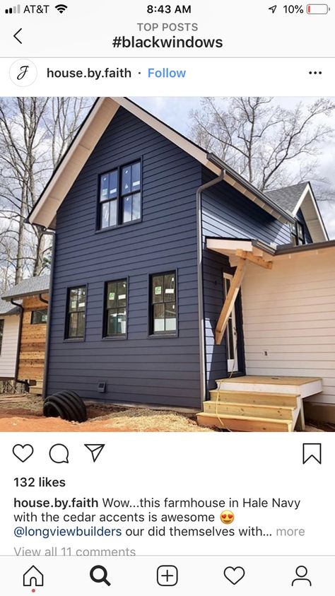 Paint color: Hale Navy 😍 Navy Exterior House Colors, Navy Blue House Exterior, Blue Siding House, Navy House Exterior, Blue Home Exterior, Blue Exterior House Colors, Navy Blue Houses, Navy House, Dark Blue Houses