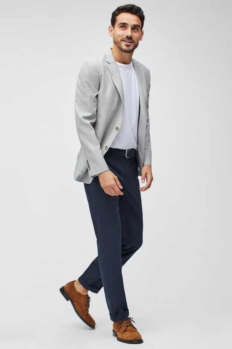 Grey Blazer Outfit Men, Men's Spring Outfits, Spring Outfits For Men, Navy Chinos Men, Blazer Outfits For Men, Grey Blazer Outfit, Tan Suede Shoes, Business Casual Dress Code, Off White Blazer