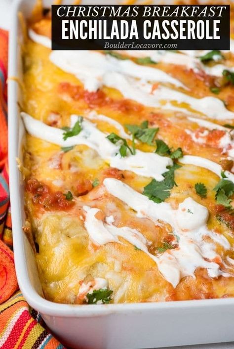 Cheesy Christmas Breakfast Enchilada Casserole is an easy breakfast casserole layered with breakfast and Mexican ingredients. You'll want to eat it for EVERY meal! Southern Living Breakfast Enchiladas, Gluten Free Breakfast Enchiladas, Mexican Breakfast Casserole With Hashbrowns, Tamale Breakfast Casserole, Breakfast Mexican Casserole, Layered Breakfast Casserole, Mexican Breakfast Casserole Recipes, Corn Tortilla Breakfast, Tortilla Breakfast Casserole