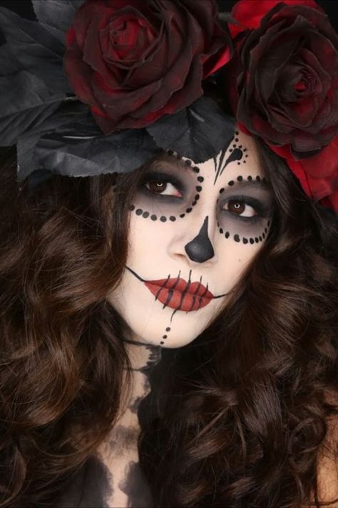 La Catrina Makeup Tutorial, La Catrina Makeup Easy, Catarina Makeup, Day Of The Dead Makeup Easy, Dia De Los Muertos Makeup For Women, Easy Catrina Makeup, Katrina Makeup, Sugar Skull Makeup Easy, Makijaż Sugar Skull