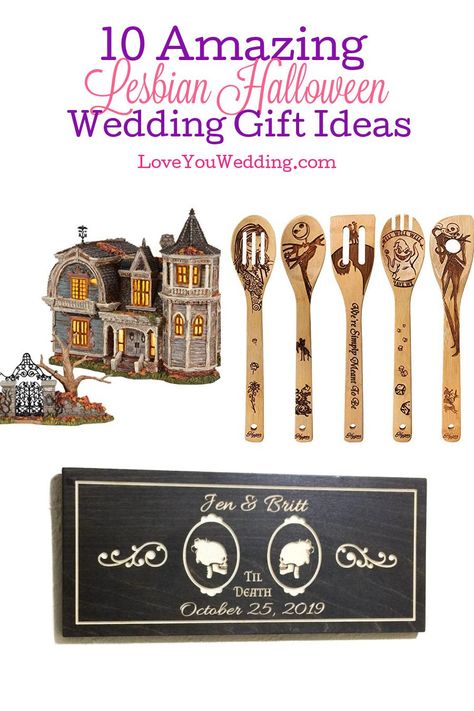 Looking for some super cute lesbian Halloween wedding gifts? Check out ten that we think are just perfect for two brides! Lesbian Halloween, Lesbian Engagement Ring, Lesbian Engagement Pictures, Lesbian Wedding Outfits, Lesbian Wedding Rings, Halloween Wedding Ideas, Halloween Wedding Gifts, Lesbian Wedding Gifts, Lesbian Engagement