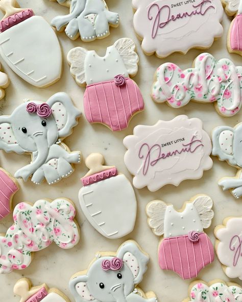 Our Little Peanut Baby Shower Theme, A Little Peanut Is On The Way, Little Peanut Baby Shower Ideas, Peanut Baby Shower Ideas, Little Peanut Baby Shower Girl, Elephant Baby Shower Cookies, Baby Shower Cookies For Girl, Elephant Baby Shower Theme Girl, Jordan Baby Shower