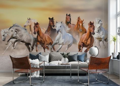 Running Horse Wallpaper Sunset Sky With Desert Dust Horse Run | Etsy Running Horses Wallpaper, Running Horse Wallpaper, Seven Horses, 7 Horses, Horses Wallpaper, Horse Mural, Wallpaper Sunset, Elegant Horse, Horses Running