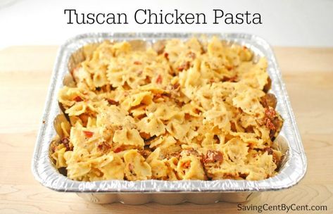 7 Make Ahead Freezer Meals - Saving Cent by Cent Food Ideas For Large Groups, Pre Made Camping Meals, Freezer Pasta, Homemade Freezer Meals, Chicken Freezer Meals, Tuscan Chicken Pasta, Freezer Dinners, Group Camping, Freezer Friendly Meals