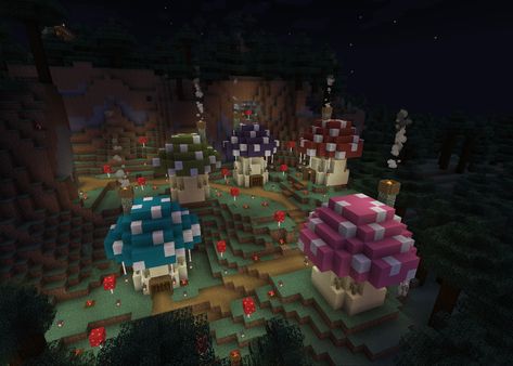 Minecraft mushroom village huid Mushroom Homes Minecraft, Minecraft Fairy Village House, Cute Minecraft Village House Ideas, Mushroom Tree Minecraft, Magical Village Minecraft, Mushroom City Minecraft, Mushroom Decor Minecraft, Mushroom Roof Minecraft, Mushroom Pond Minecraft