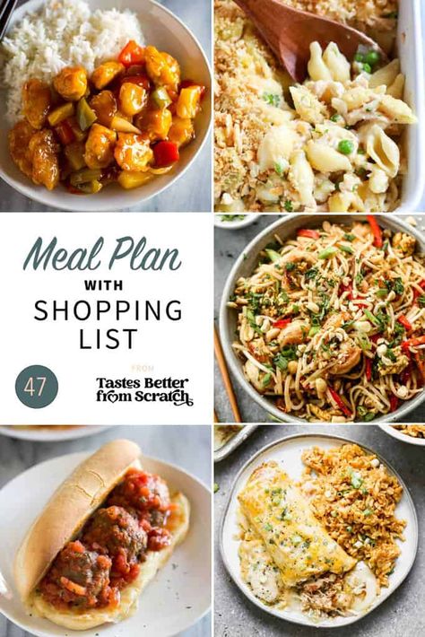 Week 47 meal plan and printable shopping list with easy and family friendly dinners so that you always have an answer for that nagging question, "What's for dinner?!" #mealplan #5daymealplan #recipes #whattomakefordinner via @betrfromscratch Weekly Meal Plan Family Printable, Weekly Meal Plan Family, Dinner Planning Weekly, Easy Weekly Meals, Meal Plan For The Week, 5 Day Meal Plan, Weekly Recipes, Weekly Meal Plans, Tastes Better From Scratch