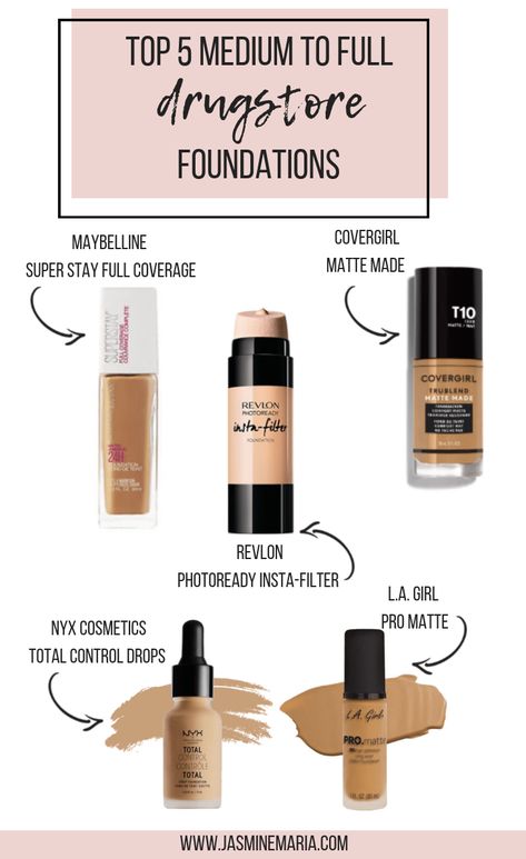 Top 5 Medium to Full Coverage Drugstore Foundations #drugstorefoundations #topdrugstorefoundations #fullcoveragefoundation #mediumcoveragefoundation #drugstorebeauty Full Coverage Drugstore Foundation, Brown Matte Lipstick, Best Drugstore Foundation, Foundation For Dry Skin, Medium Coverage Foundation, Best Drugstore Makeup, Drugstore Foundation, Full Coverage Foundation, High End Makeup