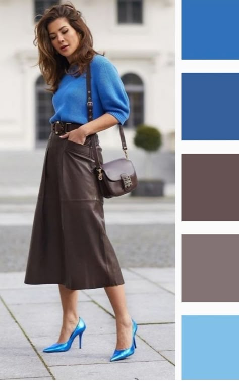 Clothing Colour Combinations, Blue And Brown Outfit, Outfits Marron, Colour Blocking Fashion, Brown Leather Skirt, Outfits Primavera, Colour Combinations Fashion, Color Combos Outfit, Color Blocking Outfits