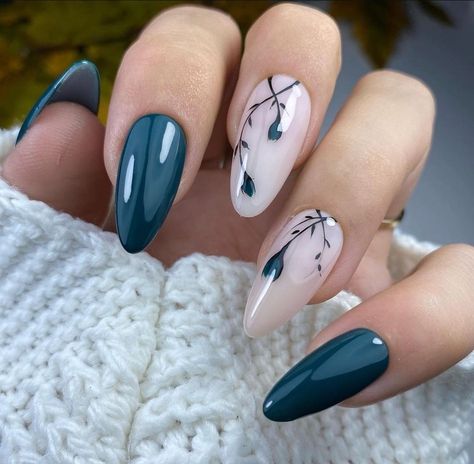 Dark Color Nails, Teal Nails, Cute Simple Nails, Her Nails, White Nail, Pretty Nail Art, Floral Nails, Types Of Nails, Nail Arts