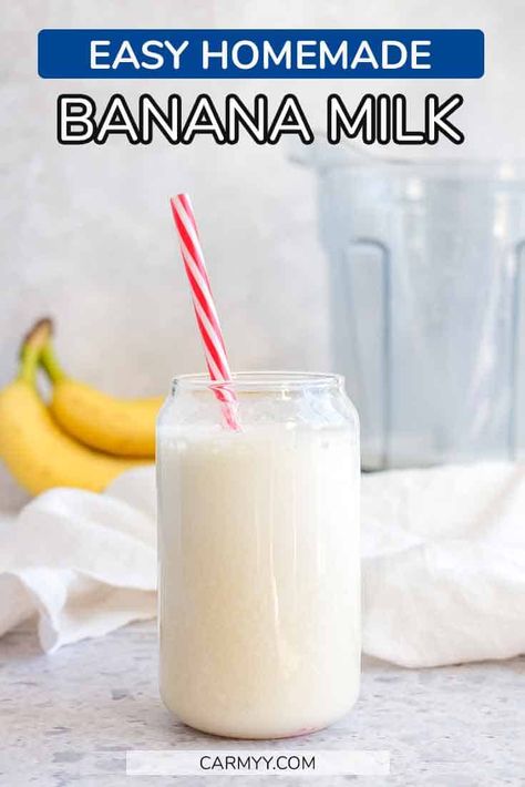 This simple homemade banana milk recipe requires less than 5 ingredients and is made in seconds! Korean banana milk at home. Banana Milk Recipe, Easy Thai Peanut Sauce, Vegan Peanut Sauce, Banana Drinks, Banana Smoothie Recipe, Buttered Noodles, Refreshing Drinks Recipes, Spicy Peanuts, Banana Milk