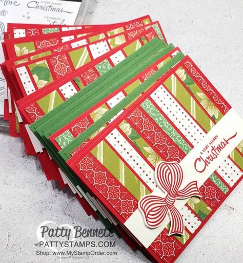 Scrappy Strip card technique Christmas Card Ideas featuring Stampin\' Up! Tis the Season paper, Heartwarming Hugs paper and Poinsettia Place paper and Gift Bow Punch. www.PattyStamps.com Christmas Stampin Up Cards, Strip Cards, Patchwork Cards, Christmas Card Ideas, Free Stamps, Gift Bow, Christmas Layouts, Flip Cards, Stampin Up Christmas