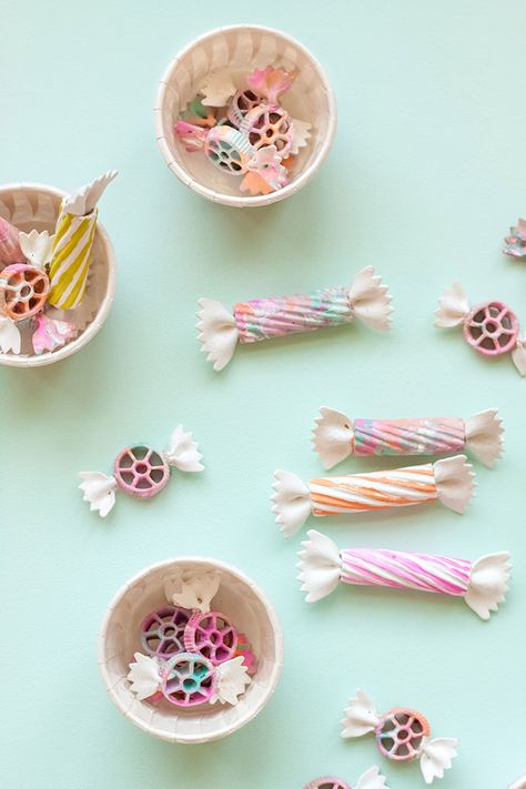 DIY Pasta Candy Shop Diy Pasta, Kid Friendly Crafts, Handmade Charlotte, Craft Stash, Mason Jar Crafts Diy, Tissue Paper Flowers, Sweet Shop, Pasta Noodles, Candy Wrappers