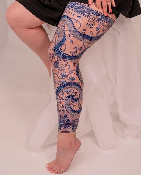 Blue Leg Tattoo, Porcelain Sleeve Tattoo, Porcelain China Tattoo, Blue Ceramic Tattoo, Asian Leg Tattoo, Porcelain Dragon Tattoo, Porcelain Tattoo Sleeve, Ceramic Tattoo Ideas, Leg Dragon Tattoo