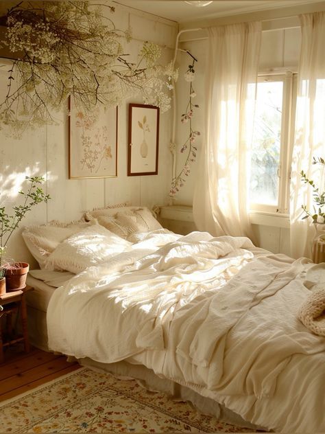 White Curtains Bedroom Aesthetic, White Vintage Room, Simple Room Aesthetic, Floral Bedroom Aesthetic, Barbies Dreamhouse, Cozy Rustic Bedroom, Light Cottagecore, Vintage White Bedroom, Botanical Bedroom