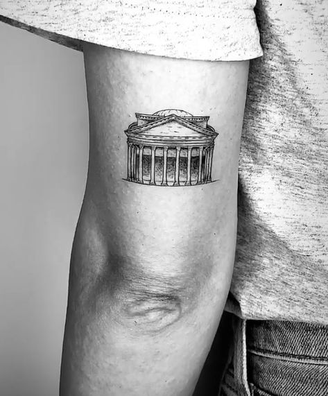 Athens Tattoo Ideas, Pantheon Tattoo, Greek Temple Tattoo, Greek Architecture Tattoo, Parthenon Tattoo, Ancient Rome Tattoo, Christian Tattoos Men, Athens Tattoo, Tattoo Paw