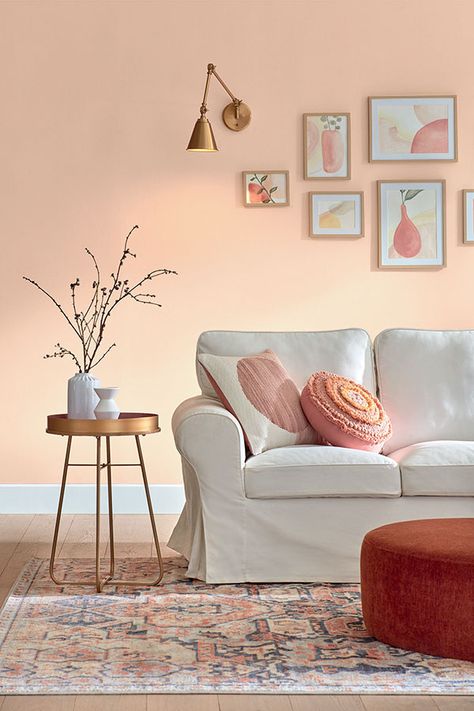 Sunset Curtains, Peach Living Rooms, Exterior Wall Paint, Peach Bedroom, Dining Room Wall Color, Valspar Colors, Peach Kitchen, Peach Walls, Color Decor