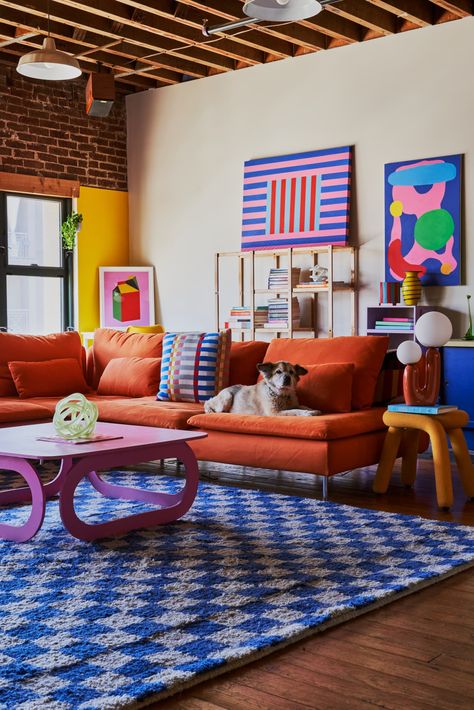 Korean Bedroom, Orange Couch, Living Room Murals, Memphis Design, Colourful Living Room, Loft Apartment, Maximalism, Eclectic Interior, A Living Room