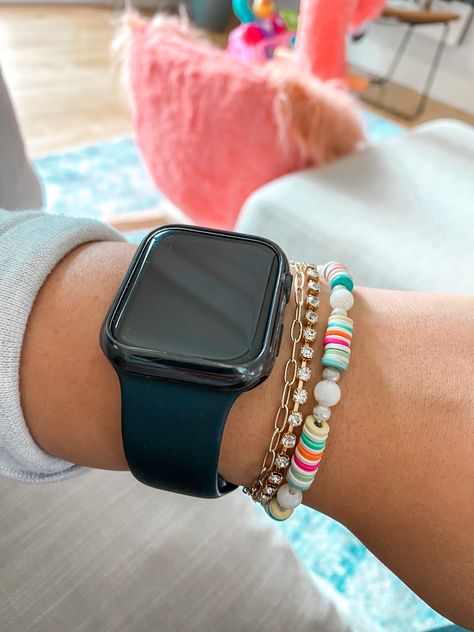 Apple Watch Layered With Bracelets, Preppy Bracelet Stack Apple Watch, Bracelet Stacking With Apple Watch, Apple Watch Bracelet Combo, Cute Bracelet Stacks With Apple Watch, Apple Watch And Bracelets How To Wear, How To Style Apple Watch With Bracelets, Apple Watch Bracelet Stack Style, Bracelets With Apple Watch Layering