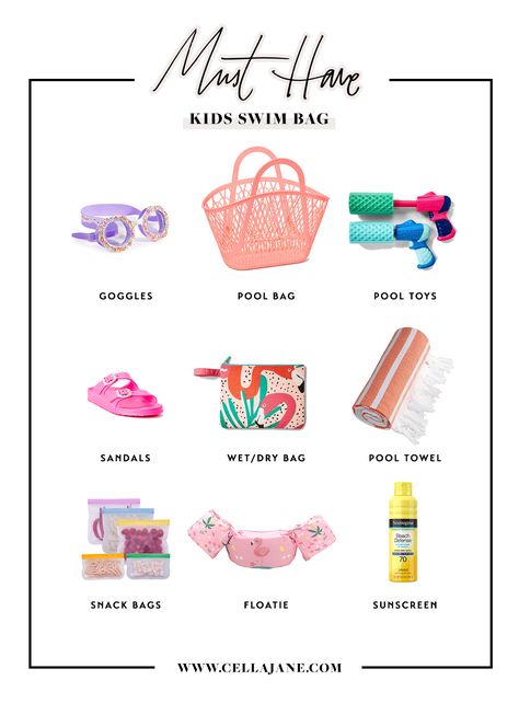 Pool Bag Essentials | Cella Jane for kids // pool floaties, kids sunscreen, pool toys, kids goggles Pool Party Bag Essentials, Swimming Pool Bag Essentials, Pool Party Essentials, Pool Essentials Aesthetic, Swimming Bag Essentials, Swim Bag Essentials, Party Essentials List, Seasonal Goals, Swimming Essentials