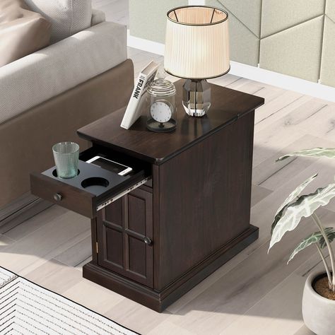 PRICES MAY VARY. 💕【Retro Side End Table】Every sofa’s sidekick, end tables display decor, hold TV remotes and beverages, and round out seating ensembles in style. The inside of this product, as well as its back finish. Including an elegant door, a drawer and a hidden storage space on the desktop. 💕【Multifunctional Drawer with Cup Holders】The multi-function drawers in the table top, have a layer of room that provide some place for cup holders and remote controls. Remove the partitions, you can u Classic Side Table, Colorful Bedroom, Narrow Table, Coffee Room, Nordic Furniture, Bedside Night Stands, Sofa End Tables, Chair Side Table, Vintage Living Room