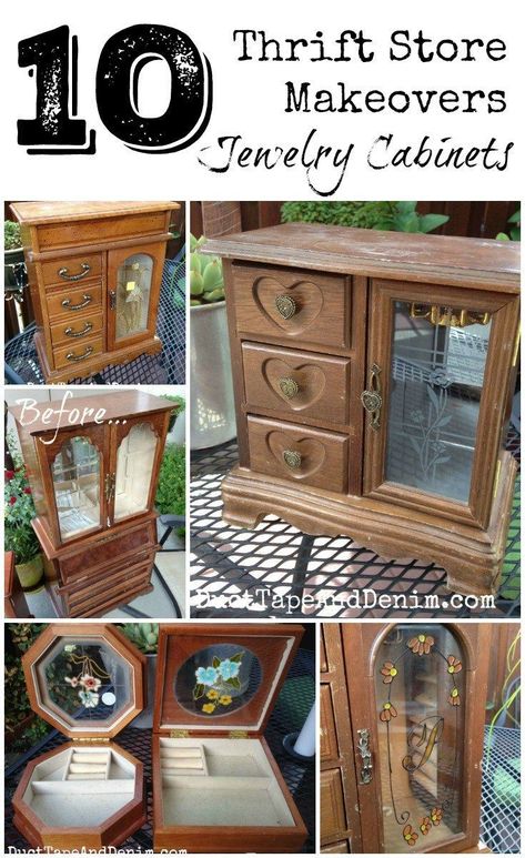 Top 10 Jewelry cabinet and box makeovers on http://DuctTapeAndDenim.com - All pieces I found at thrift stores and garage sales! Refinished Jewelry Boxes, Repurposed Items Upcycling, Parent Bedroom, Upcycle Boxes, Diy Jewelry Cabinet, Upcycle Jewelry Box, Thrift Store Diy Projects, Box Makeover, Thrift Store Upcycle