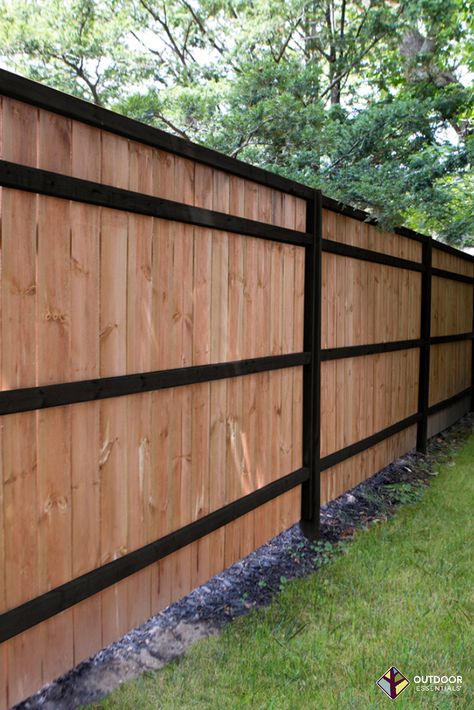 Dress up your wood fence with a two-tone look. Paint backer rails a contrasting color, or buy prepainted backer rails. Wood Fence Entrance Ideas, Two Tone Fence Stain Ideas, Two Tone Fence, Wood Fence Paint Colors, Wood Fence Color Ideas Paint, Wood Fence Color Ideas, Black Wood Fence Farmhouse, Stained Fence Ideas, Two Rail Wood Fence