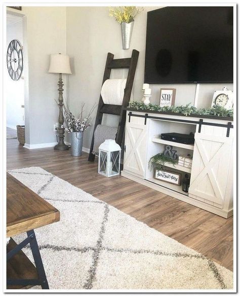 Carpeted Apartment, Farmhouse Tv Stand Decor, Living Room Farmhouse Style, Stand Design Ideas, Farmhouse Tv, Farmhouse Living Room Decor Ideas, Tv Stand Decor, Farmhouse Tv Stand, Charming Farmhouse