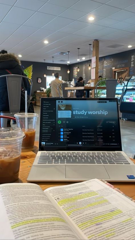 2024 Vision Board Studying, Christ With Coffee On Ice, Coffee Shop Homework Aesthetic, Cafe Bible Study, Bible Study Coffee Shop Aesthetic, Solo Bible Study, Coffee Bible Study, Bible Study Asthetic Picture, Morning Bible Study Aesthetic