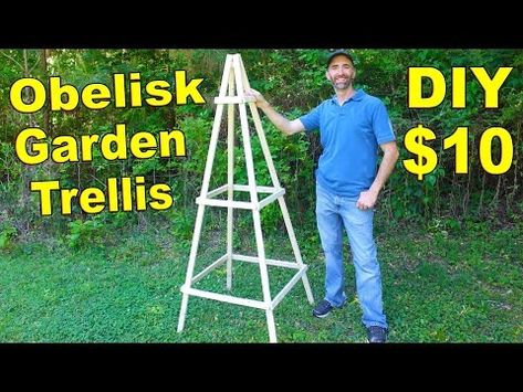 (2001) How to Make a Obelisk Garden Trellis for $10 | Simple DIY - YouTube Garden Obelisk Diy How To Make, Garden Plant Supports Diy, Obelisk Trellis Diy How To Build, Teepee Trellis, Obelisk Trellis, Garden Arch Trellis, Cucumber Trellis, Ideas For Garden, Diy Garden Trellis