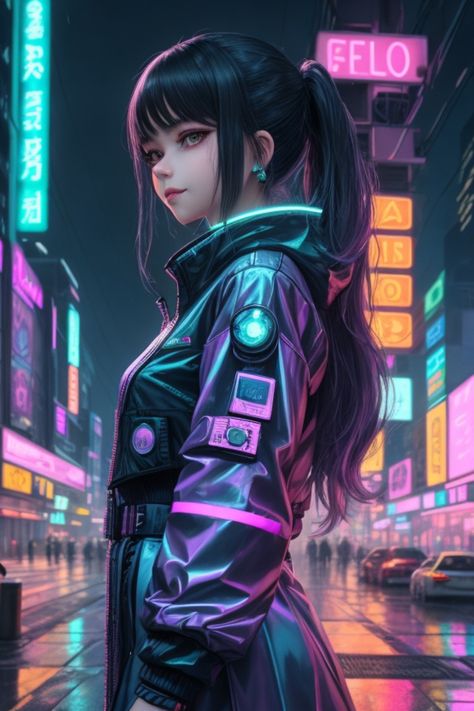 Amidst the futuristic cityscape, a cyberpunk girl female character design #femalecharacterdesign #aigeneratedart #midjourneyaiart #aiart #aiartwork Sci Fi Character Design Cyberpunk, Cyberpunk Female Character Design, Cyberpunk Outfit Design, Futuristic Character Design, Sci Fi Character, Cyberpunk Outfit, Futuristic Cityscape, Sci Fi Character Design, Cyberpunk Female