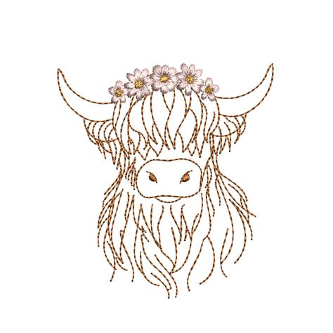 Embroidery Cow Patterns, Embroidered Highland Cow, Country Embroidery Designs, Machine Embroidery Crafts, Cow Embroidery Pattern, Highland Cow Embroidery Pattern, Cute Highland Cow Drawing, Draw A Highland Cow, Highland Cow Outline