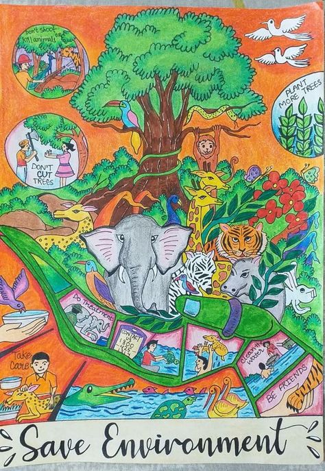 Save Wildlife Poster Painting, Poster On Save Environment, Save Environment Poster Drawing, Nature Drawing Pictures, Save Animals Poster, Save Earth Drawing, Save Water Poster Drawing, Earth Day Drawing, Art Competition Ideas