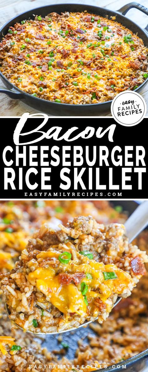 Bacon Cheeseburger Rice Casserole · Easy Family Recipes Cheeseburger Rice Casserole, Cheeseburger Rice, Bacon Cheeseburger Casserole, Ground Beef Rice, Rice Skillet, Beef Rice, Cheeseburger Casserole, Rice Dinner, Beef Casserole Recipes