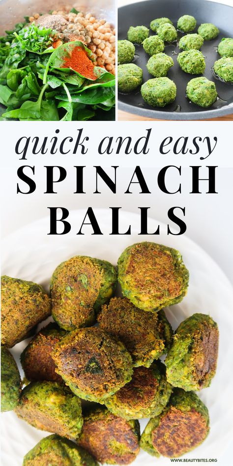 Healthy spinach balls - easy to make, vegan, gluten-free, tasty, great as an appetizer or even main dish with some salad, it's the perfect spring recipe and it's good for meal prep too! Spinach Falafel, Alu Paratha, Easy Spinach Recipes, Spinach Bites, Spinach Recipes Healthy, Spinach Meatballs, Vegan Falafel, Monkey Food, Green Pea Soup