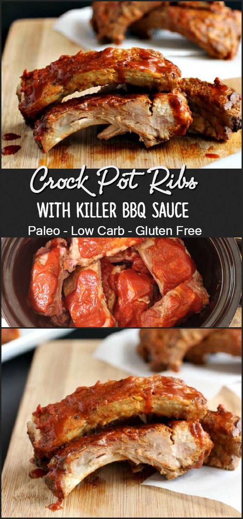 Crock Pot Pork Ribs With Killer Barbecue Sauce Crock Pot Pork Ribs, Crockpot Pork Ribs, Crock Pot Ribs, Fall Off The Bone Ribs, Paleo Crockpot Recipes, Crock Pot Pork, Crockpot Ribs, Low Carb Crock Pot Recipes, Paleo Pork