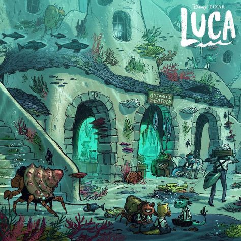 Luca Background, Luca Concept Art, Underwater Village, Pixar Illustration, Luca 2021, Luca Movie, Luca Pixar, Underwater Landscape, Lucas Movie