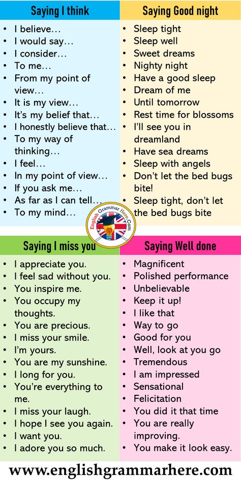 English Speaking Tips, Sayiin Well Done, I Think, Good night, I Miss You Saying I think I believe… I would say… I consider… To me… From my point of view… It is my view… It’s my belief that… I honestly believe that… To my way of thinking… I feel… In my point of view… If you ask me… As far as I can tell… To my mind… Saying Good night Sleep tight Sleep well Sweet dreams Nighty night Have a good sleep Dream of me Until tomorrow Rest time for blossoms I’ll see you in dreamland Have sea dreams Sleep Did You Sleep Well, Good Night Synonym, Speaking Tips, Have A Sweet Dream, Rest Time, Have A Good Sleep, Teaching English Grammar, English Language Learning Grammar, Sleep Dream