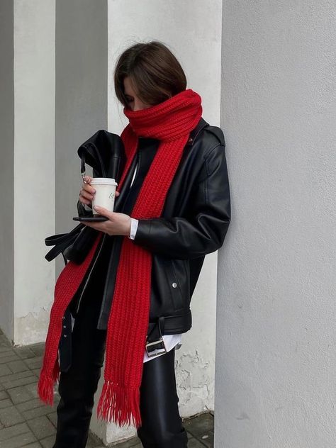 Red Knit Scarf Outfit, Red Knitted Scarf, Red Muffler Outfit, Red Scarf Aesthetic, Muffler Outfit, Knitted Muffler, Chunky Scarf Outfit, Knit Scarf Outfit, Red Scarf Outfit