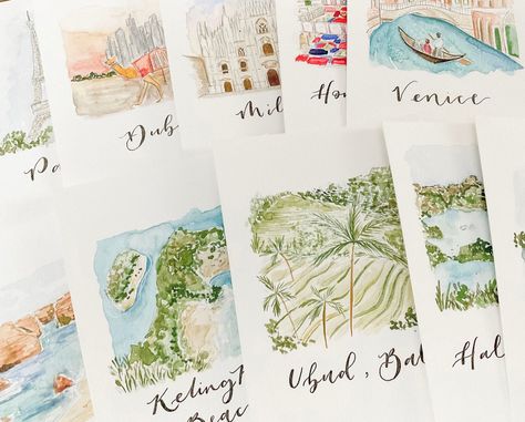 Destination Table Names, Wedding Table Numbers Cities, Destination Table Names Wedding, Travel Table Numbers, Wedding Table Name Signs, Watercolour Table Numbers, City Table Names Wedding, Wedding Table Names Ideas, Hand Painted Table Numbers