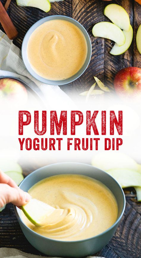 This pumpkin yogurt fruit dip takes 5 minutes to make and tastes like fall. It's an easy fruit dip recipe that everyone will love—and it's kid friendly too! #pumpkin #yogurt #healthy #snack #healthsnack #fruitdip #fall #fallrecipe Healthy Yogurt Snacks, Healthy Fruit Dip, Yogurt Fruit Dip, Fruit Dip Recipe, Easy Fruit Dip, Pumpkin Yogurt, Fruit Dips, Fruit Diy, Pumpkin Syrup